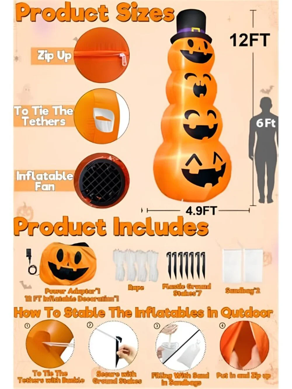 12FT Giant Witch Pumpkin Halloween Inflatables Decorations Outdoor
